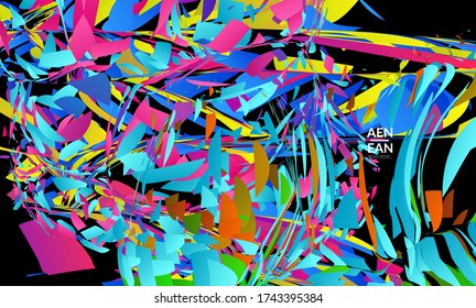 Abstract landing page template with bright colored random small particle explosion. Sport music social media layout. Optical art dynamic background with outer space motion. Futuristic vector.