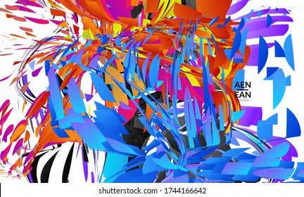 Plantilla de página de aterrizaje abstracta con explosión aleatoria de partículas pequeñas de color brillante. Diseño de medios sociales de música deportiva. Fondo dinámico del arte óptico con movimiento en el espacio ultraterrestre. Vector futurista.