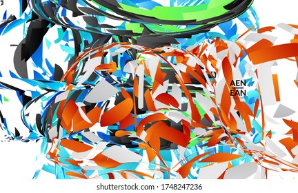 Abstract landing page template with bright colored random small particle explosion. Sport music social media layout. Optical art dynamic background with outer space motion. Futuristic vector.
