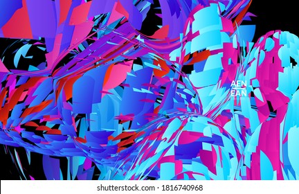 Abstract landing page template with bright colored random small particle explosion. Sport music social media layout. Optical art dynamic background with outer space motion. Futuristic vector.