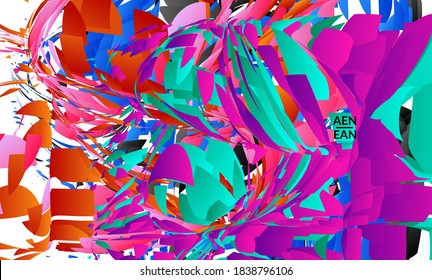 Abstract landing page template with bright colored random small particle explosion. Sport music social media layout. Optical art dynamic background with outer space motion. Futuristic vector.