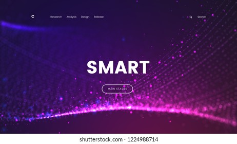 Abstract landing page template with a glowing purple particles background - Smart, can be used for can be used for business, internet technology and futuristic web interface. Vector illustration