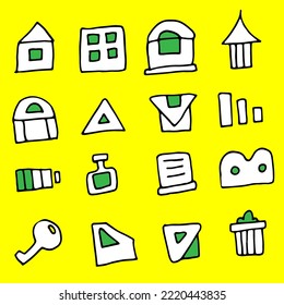 Resumen de iconos emblemáticos empacan en estilo de caricatura dibujado a mano con fondo amarillo