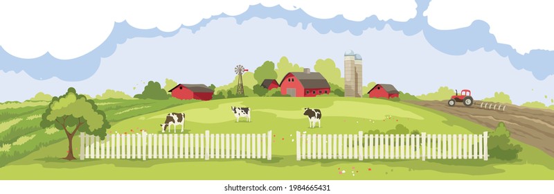 Abstract landscape -- american farm, agricultural industry. Vector illustration, rural view -- fields and meadows, springtime.