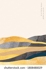 Resumen de fondo de arte paisajístico con vector de textura dorada. Patrón ondulado japonés de estilo oriental.