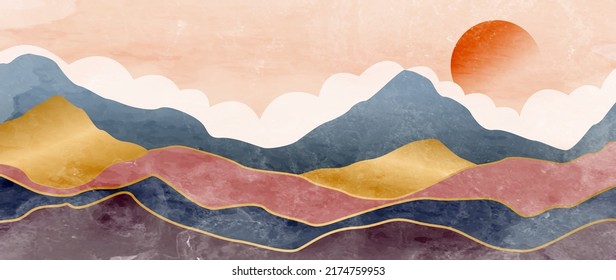 Abstract landscape art background with mountains and hills with golden line. Vector luxury banner in watercolor style for print design, decor, wallpaper, packaging