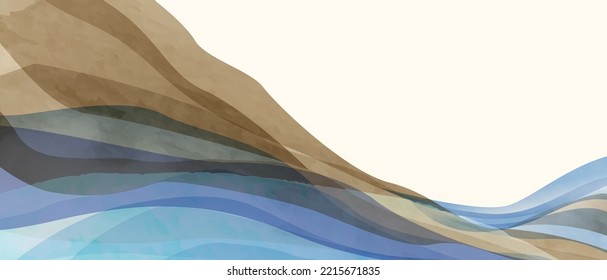 Abstrakter Landschaftskunsthintergrund mit Bergen, Hügeln und Meer in Aquarell-Stil. Ink Fluid Art Banner für Dekordesign, Tapeten, Druck, Innenarchitektur, Plakat, Verpackung