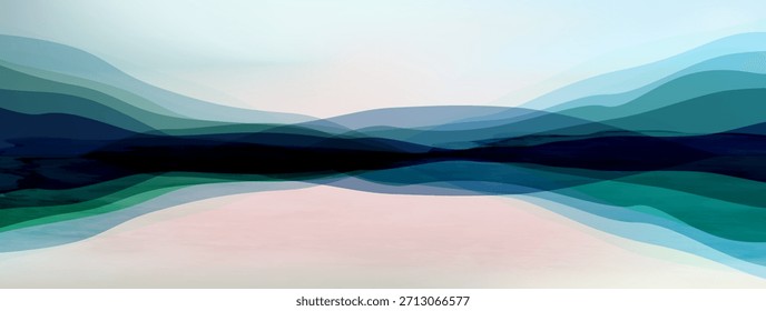 Fondo Abstractas del arte del paisaje con las montañas y las colinas en un estilo de la acuarela. Un Anuncio natural y minimalista para el Fondo de pantalla, la decoración, los estampados, los textiles y el diseño interior.