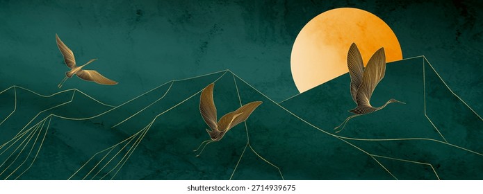 Fondo Abstractas del arte del paisaje con las montañas, la luna, y las grúas. Un Anuncio natural para decoración, estampados, Fondo de pantalla, textiles, carteles y diseño de interiores.