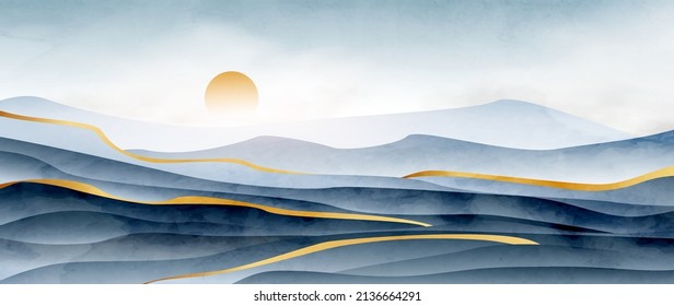 Abstract landscape art background with ocean or river and golden elements in line style. Watercolor banner in blue and gold colors for wallpaper design, decor, interior design