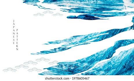 Abstract landscape art with brush stroke vector. Japanese  wave icon and pattern with blue watercolor painting  texture in vintage style. 