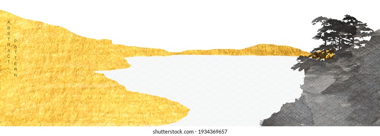 Abstract landscape art with gold and black texture. Mountain forest vector background. Cover design, presentation template design, poster, cd cover, flyer, website backgrounds or advertising. 