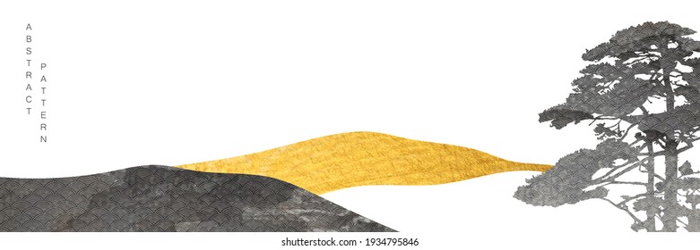 Abstract landscape art with gold and black texture background. Mountain forest elements with Japanese pattern. presentation template design, poster, flyer, website backgrounds, Twitter banner. 