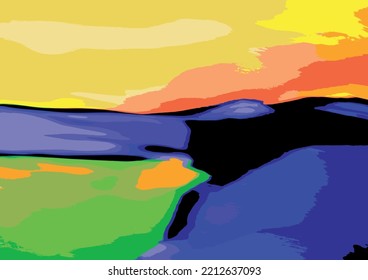 Abstract Landscape Art Illustration with Beach, Hills, Sky and Ocean Vector