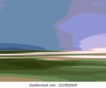 Abstract Landscape Art Illustration with Beach, Sky Clouds and Ocean Vector - Blue Colors