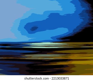 Abstract Landscape Art Illustration with Beach, Sky Clouds and Ocean Vector - Blue Colors