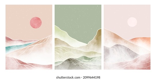 Abstract Landscape art Print set with Mountain and line art. Creative minimalist hand painted illustrations of Mid century modern. vector illustration