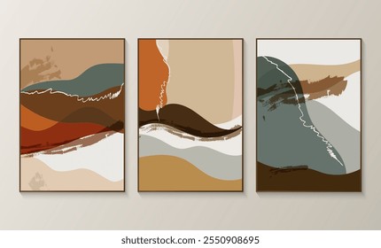 Conjunto de impressão de arte de paisagem abstrata, tons terrosos, linhas fluindo e design minimalista, perfeito para a decoração da casa. Ilustração de vetor.