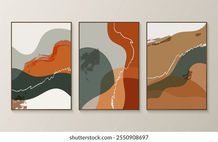 Conjunto de impressão de arte de paisagem abstrata, tons terrosos, linhas fluindo e design minimalista, perfeito para a decoração da casa. Ilustração de vetor.