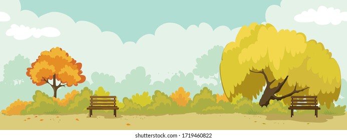 Abstract landscape -- autumn park. Watercolor vector illustration, seamless background with trees and benches.