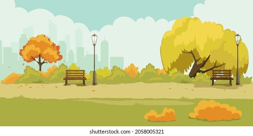 Abstract landscape -- autumn park. Watercolor vector illustration, seamless background with trees and benches.	