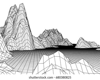Abstract landscape background. 3D terrain black grid on white. 