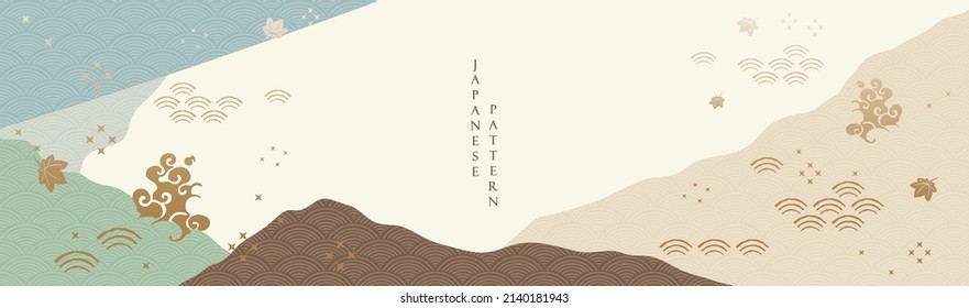 Abstract Landscape Background With Asia Traditional Icon And Symbol Vector. Mountain Forest Banner Design With Natural Art Decoration In Japanese Style. Geometric Grunge Texture.