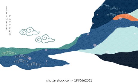 Abstract landscape background with Asian traditional icon vector. Mountain forest banner design with Japanese wave pattern.