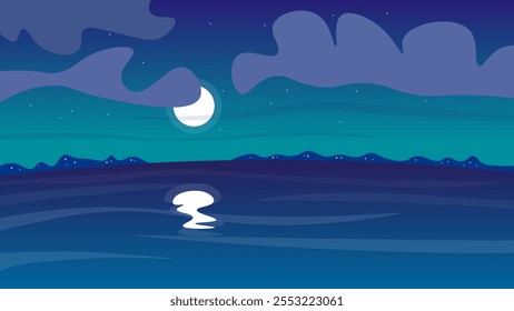 Abstract Landscape Background Banner Moon Clouds Sea Night Sky Vector Design
