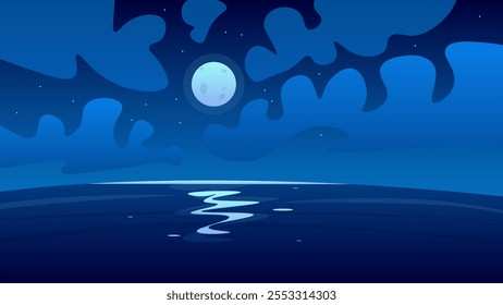 Abstract Landscape Background Banner Moon Clouds Sea Night Sky Stars Vector Design
