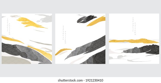 Abstract landscape background with black brush stroke element vector. Mountain forest art with gold foil texture in vintage style.