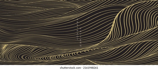 Abstract landscape background with black and gold  hand drawn line pattern vector. Ocean sea art with natural template. Banner design and wallpaper in luxury style.