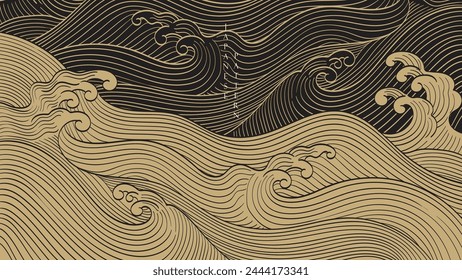 Abstract landscape background with Black and gold hand drawn line pattern vector. Ocean sea art with natural template. Banner design and wallpaper in vintage style.