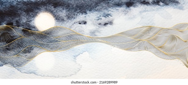Abstract landscape background in blue tones with mountains and hills on the sea. Watercolor art banner with hand drawn gold pattern in art line style for decor, wallpaper, interior, print
