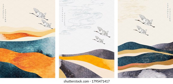 Abstract landscape background with crane birds and Japanese wave pattern vector. Watercolor texture in Chinese style. Mountain forest template illustration.