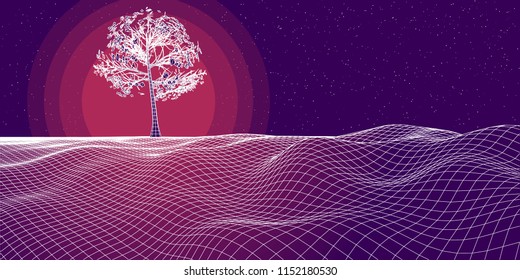 Abstract landscape background. Cyberspace landscape grid, tree and sun. Technology concept.

