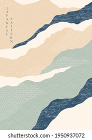 Abstract landscape background with geometric pattern vector. Japanese wave element with mountain forest art banner design in vintage style.