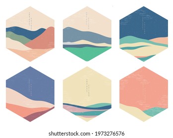 Abstract landscape background with geometric pattern. Hand draw wave mountain forest art icon set background