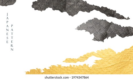 Abstract landscape background with gold and black texture in vintage style. Japanese wave pattern with mountain forest banner design.