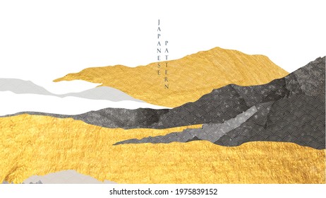 Abstract Landscape Background With Gold And Black Texture Vector. Mountain Forest Banner Design With Japanese Wave Pattern In Vintage Style. Natural Art Decoration.