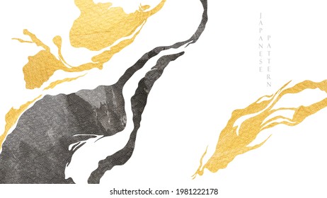 Abstract landscape background with Gold and black texture vector. Ocean sea art with natural template. Japanese wave pattern banner design and wallpaper in vintage style.