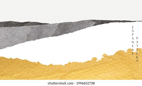 Abstract landscape background with gold and black texture vector. Mountain forest banner design with Japanese wave pattern in vintage style. Natural art decoration.