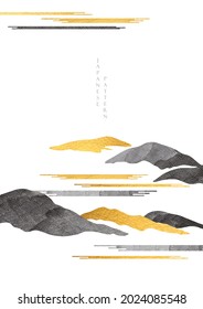 Resumen de fondo paisajístico con vector de textura dorada y negra. Diseño de pancartas en los bosques de montaña con un patrón de olas japonés de estilo vintage. Decoración de arte tradicional natural.