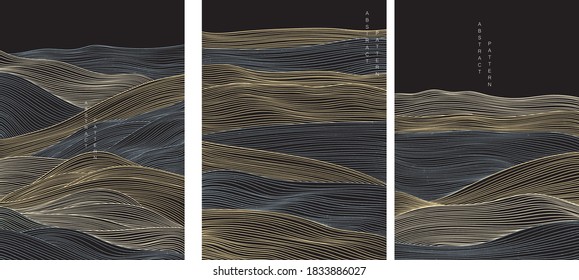 Abstract landscape background with gold and blue line pattern vector. Japanese wave template in oriental style.