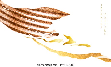 Abstract landscape background with gold and bronze texture vector. Painting brush stroke banner design with Japanese wave pattern.