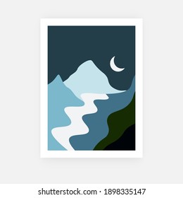 Abstract landscape background. Hand drawn poster with mountain moon river scandinavian style. Vector wall art, modern room decor