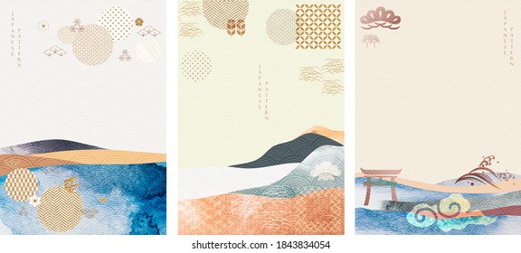 Abstract Landscape background with Japanese icons and wave pattern vector. Watercolor texture with geometric pattern in Asian style. Mountain forest template illustration.