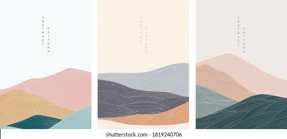 Abstract landscape background with Japanese pattern vector. Mountain template with line elements.