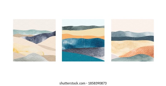 Abstract landscape background with Japanese pattern vector. Mountain forest template with watercolor texture elements. Natural wide wallpaper.