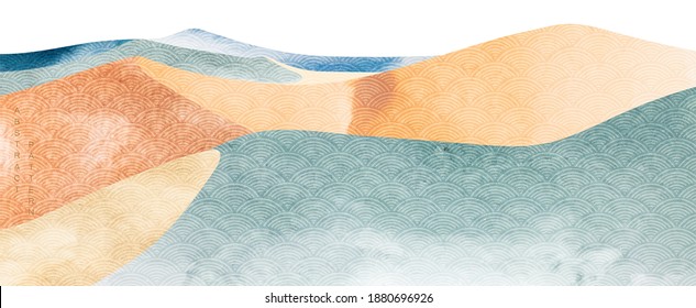 Abstract Landscape Background With Japanese Pattern Vector. Chinese New Year Banner. Geometric Line With Wavy Shapes In Oriental Template. Mountain Layout Design With Watercolor Texture.